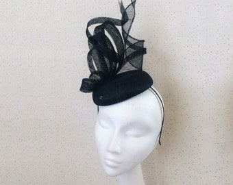 Black Fascinator Wedding Hat Black PillBox Hat Black Hatinator Black Headpiece Winter Wedding Goodwood Races Ascot Ladies Day