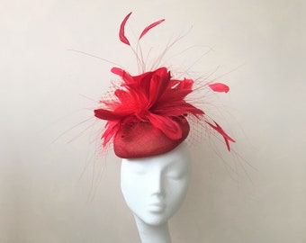 Red Fascinator Kentucky Derby Hat Feather Hat Red Wedding Guest Hat Scarlet  Cherry Ruby Ascot Hat Races Hat Kentucky Derby