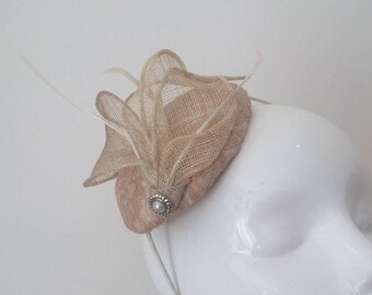 Champagne Fascinator Nude Wedding Fascinator Lace Headpiece Leaf and Feather Hatinator Headband Ladies Day Races