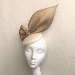 Gold and Ivory Fascinator Oversized Bow Pillbox Winter Wedding Ascot Headpiece Wedding Races Hatinator Hat Derby Hat