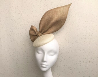 Gold and Ivory Fascinator Oversized Bow Pillbox Winter Wedding Ascot Headpiece Wedding Races Hatinator Hat Derby Hat