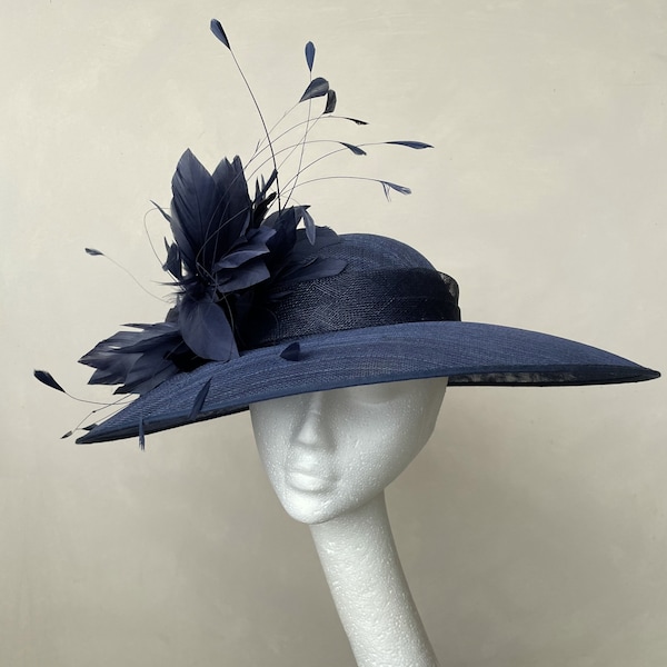 Navy Blue Wedding Hat Feather Trim Mother of the Bride Blue Ascot Hat Kentucky Derby Occasion Hat Church Hat