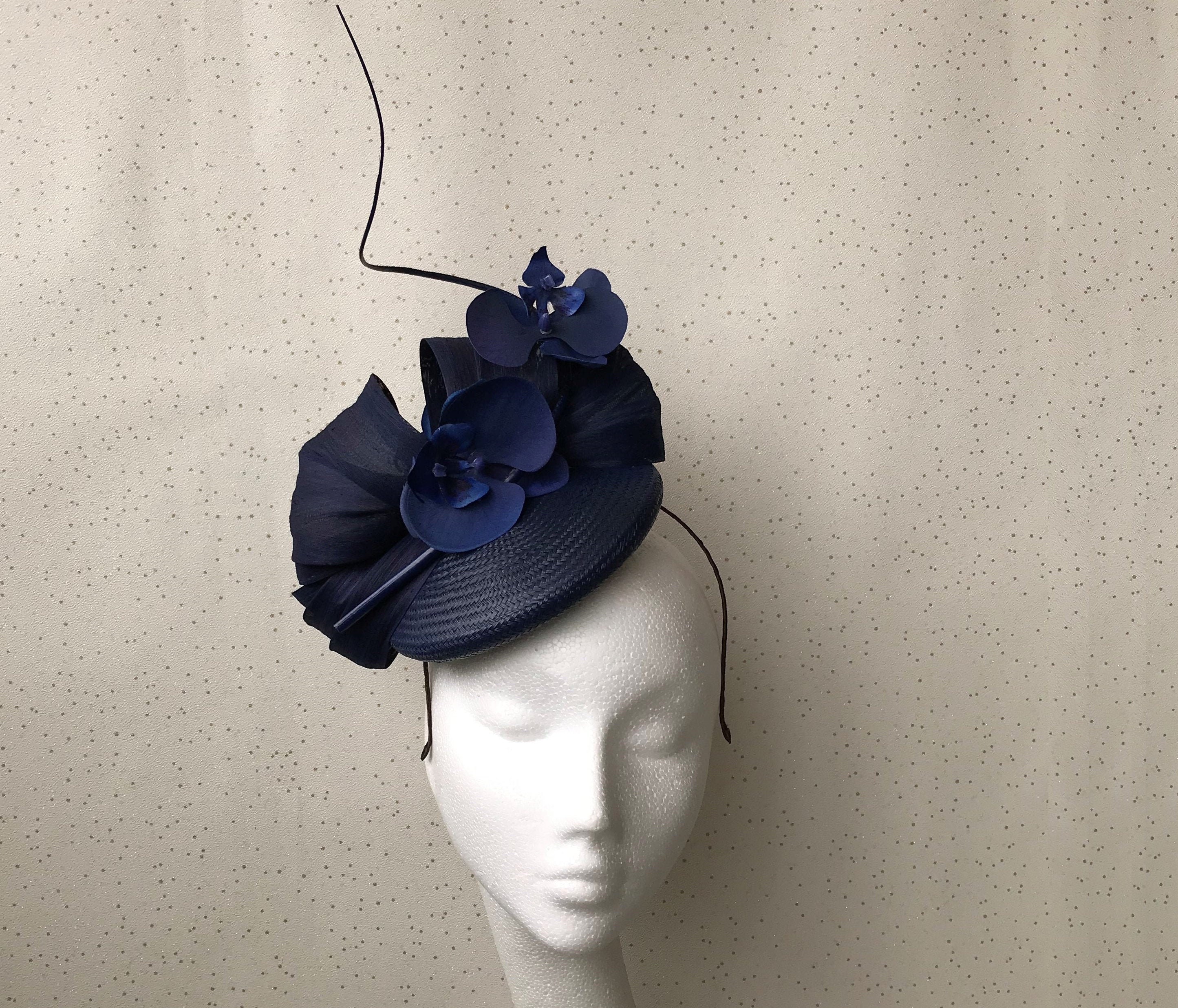 Wedding Ladies Day Royal Ascot Navy Blue  Looped Hat Fascinator on Headband 