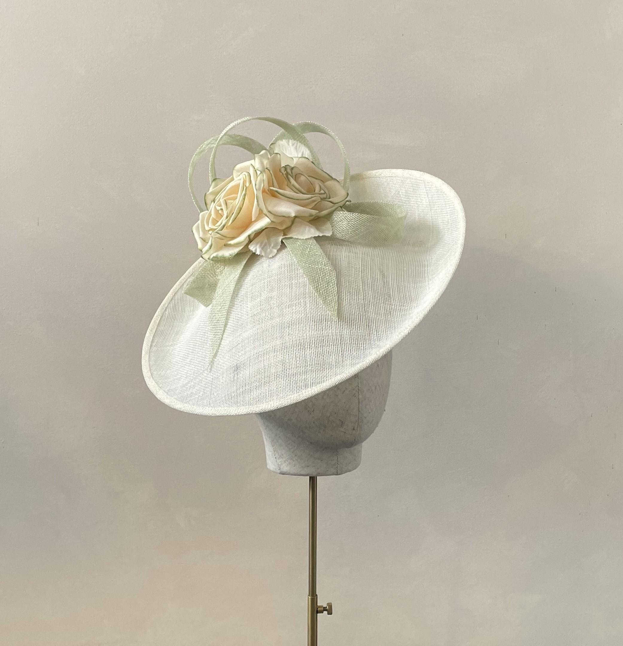 Ivory Fascinator with Olive Green & Ivory French Netting & Feathers Beige and Green Fascinator - Etsy main image 2