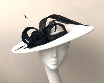 Black and White Wedding Hat Mother of the Bride Headpiece Ivory Large Ascot Hat Races Off white Large Bow Hatinator Kentucky Derby Hat