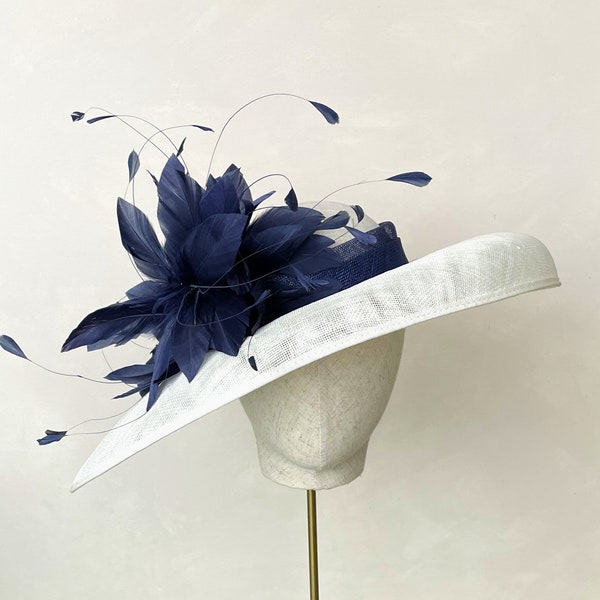 Navy and White Kentucky Derby Hat Wedding Hat Feather Trim Mother of the Bride Hat White Navy and Ivory Ascot Hat Occasion Hat Church Hat