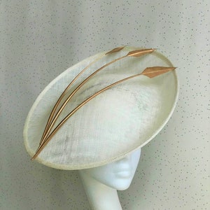 Ivory Disc Fascinator Gold Feather Wedding Hat Kentucky Derby Hatinator Races Hat Ascot
