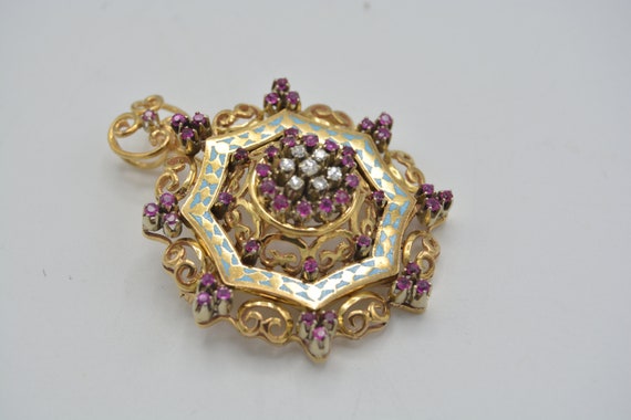 Antique Gold Pendant Brooch 18k Bright Ruby and E… - image 7