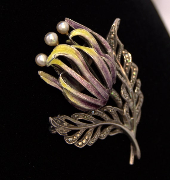 Art Nouveau brooch enamel beautiful Silver Pearl b