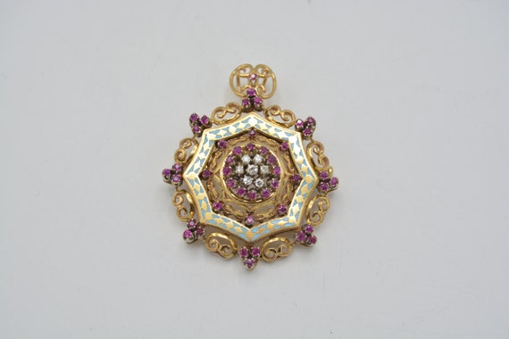 Antique Gold Pendant Brooch 18k Bright Ruby and E… - image 3