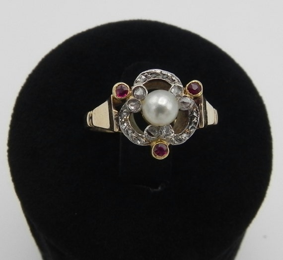 Sortija antigua Perla Diamante y Rubí Antique Pea… - image 1