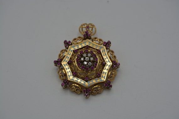 Antique Gold Pendant Brooch 18k Bright Ruby and E… - image 2
