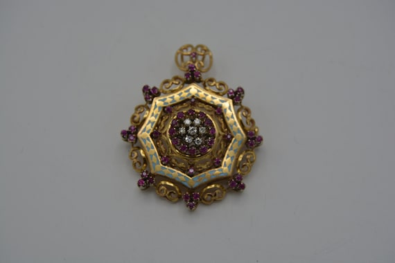 Antique Gold Pendant Brooch 18k Bright Ruby and E… - image 1