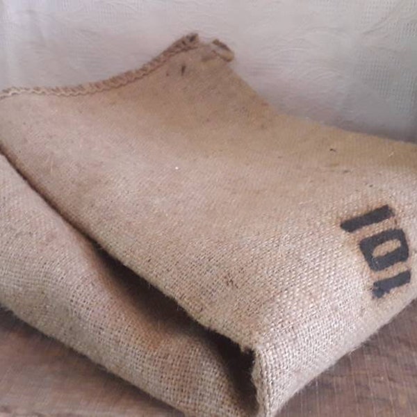 Grande old printed (101) Hessian Burlap Jute Bag Sack de los años 50. Antiguo Gran Saco en Toile de Jute imprimé 1950