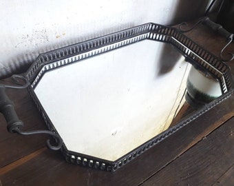 vintage Mirror Tray - vintage Metal and Mirror Tray - Dressing Table Vanity Tray with Handles / Platter / Plateau Mirroir vintage