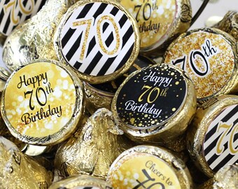 70th Birthday Decorations - Black and Gold 70th Birthday Favors - Stickers for Hershey Kisses - 180 Stickers