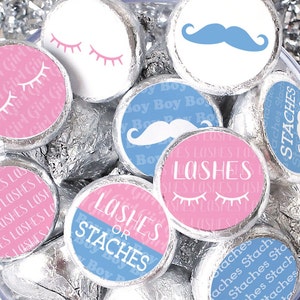 Lashes or Staches Gender Reveal Party Favor Stickers - 180 Count, Pink Little Miss or Blue Little Mister Labels for Chocolate Kisses Candy