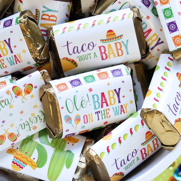 Taco 'bout a Baby Shower Mini Candy Bar Wrapper Stickers, 45ct - Fiesta Baby Gender Reveal Decoration - Mexican Themed Favor - Couples Party