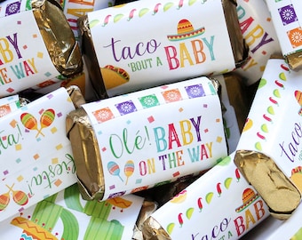 Taco 'bout a Baby Shower Mini Candy Bar Wrapper Stickers, 45ct - Fiesta Baby Gender Reveal Decoration - Mexican Themed Favor - Couples Party