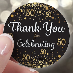 50th Birthday Thank You Stickers, 1.75” Black and Gold Birthday Party Favor Bag Labels, 50 Years Thank You Stickers for Him or Her, 40ct