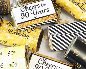 90th Birthday Candy Wrappers for Hershey Miniatures Bars, 45ct Stickers - 90th Birthday Decorations - Black and Gold Birthday Party Favors