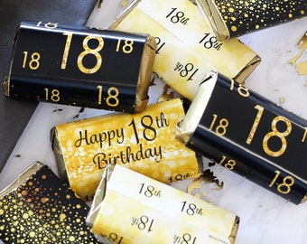 18th Birthday Candy Wrappers for Miniature Chocolate Bars, 45ct Stickers - 18th Birthday Decorations - Black and Gold Birthday Party Favors