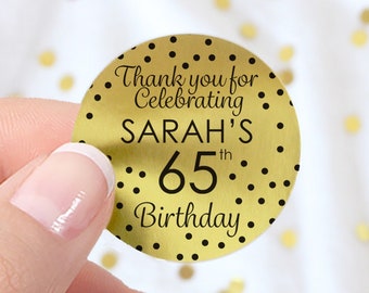 Personalized Birthday Stickers for Favor Bags | Custom Thank You Party Stickers | Black & Gold Foil Decor 40th 50th 60th 65th 70th 80th 90th