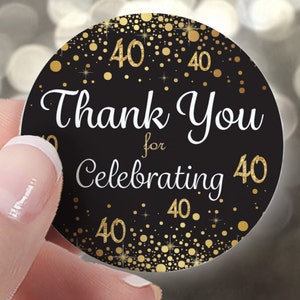 40th Birthday Thank You Stickers, 1.75” Black and Gold Birthday Cookie Bag Stickers, Thank You Favor Bag Seals, Candle Favor Labels 40ct