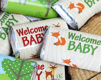 Woodland Baby Shower Decorations, Woodland Animals Baby Shower Favor, Neutral Baby Shower Theme - Candy Wrapper for Hershey Miniatures, 45ct