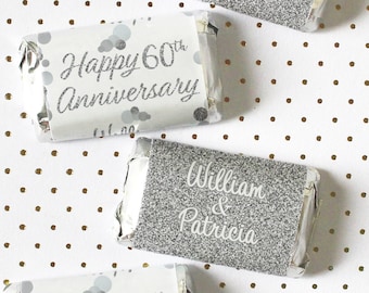 Personalized Anniversary Candy Bar Wrappers for Miniature Chocolates | Silver Wedding Anniversary 60th 25th 70th | Label Stickers