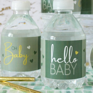Green and Gold Baby Shower Favor Stickers Water Bottle Labels - Sweet Baby, Hello Baby, Oh Baby - Gender Neutral Sage - Waterproof