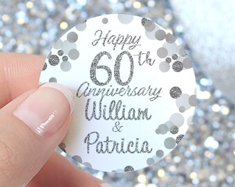 Personalized Silver Wedding Anniversary Stickers, 60th Diamond, 25th Silver, Happy Anniversary Party Favor, Candle Lid Labels