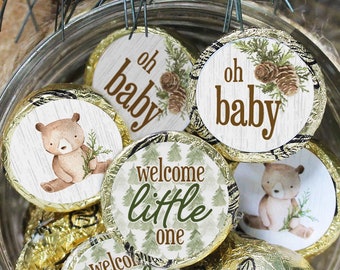 Woodland Favors Stickers for Chocolate Kisses Candies | Bear Baby Shower Decorations | Forest Animal Favor Labels