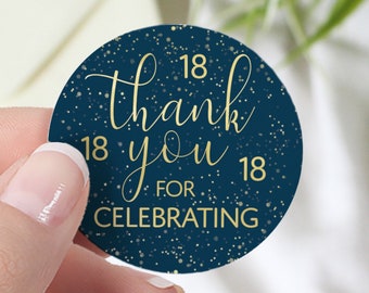 18th Birthday Party Favor Stickers - Navy Blue & Gold Foil, Thank You Round Favor Labels 40ct - Adult Birthday Decorations and Supplies