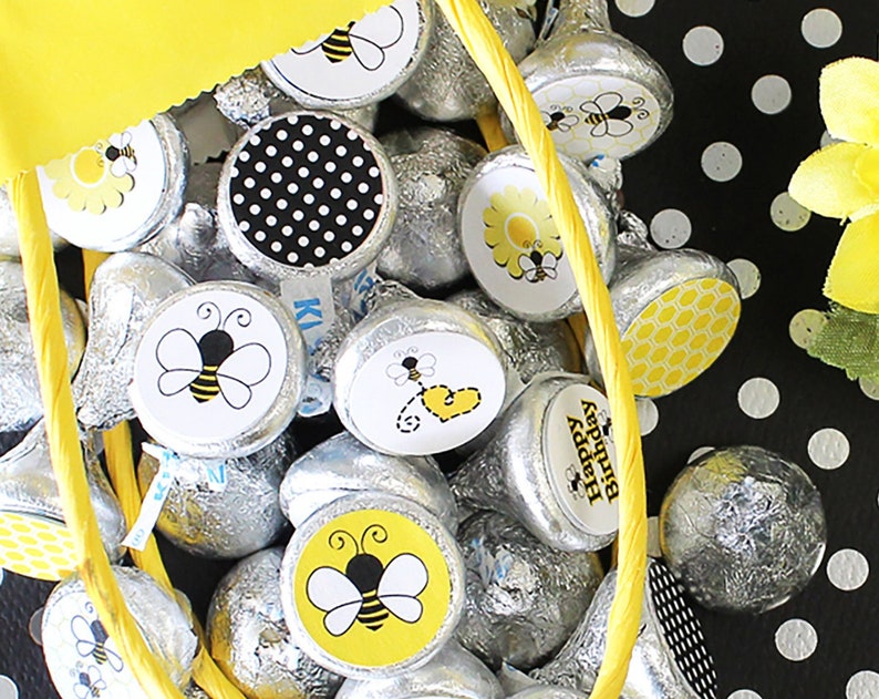 Bumble Bee Birthday Party Stickers for Chocolate Kisses Decorations Bee Day Gender Neutral Birthday Party Favors Yellow