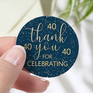40th Birthday Party Favor Stickers - Navy Blue & Gold Foil, Thank You Round Favor Labels 40ct - Adult Birthday Decorations and Supplies