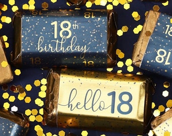 18th Birthday Mini Chocolate Bar Candy Wrapper, Navy and Gold Happy 18th Birthday Party Favor Stickers