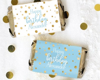 Personalized Blue and Gold Birthday Mini Candy Bar Labels | Customize Happy Birthday Favor Party Stickers - Light Blue Table Decor- 45 Ct