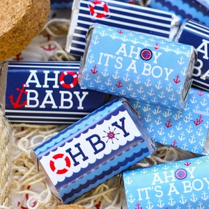 Ahoy It’s a Boy Baby Shower Mini Candy Bar Wrapper Stickers, Nautical Theme Baby Shower Favors with Little Sailor Blue & Red Anchor, 42ct