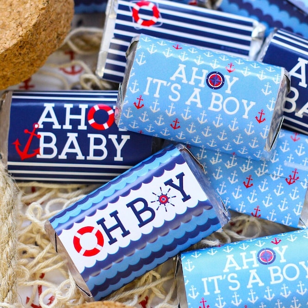 Ahoy It’s a Boy Baby Shower Mini Candy Bar Wrapper Stickers, Nautical Theme Baby Shower Favor, Sailor Mini Chocolate Wrapper, 45 Labels