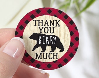 Red Black Plaid Thank You Beary Much Stickers, Lumberjack Buffalo Birthday Party Favor, Bear Baby Shower Cookie Bag Seal | Wild One | 40ct