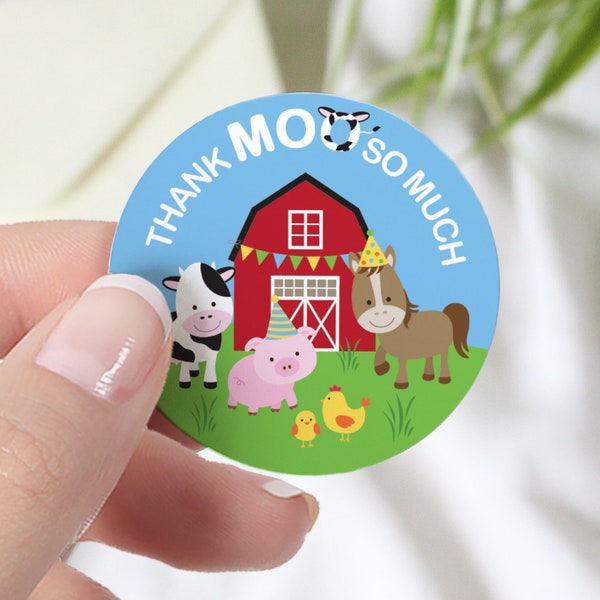 Farm Animals Birthday Party Thank Moo So Much Stickers Barnyard Birthday, Kids Party Favors - Red Barn, Cows, Pigs, Chickens, Old McDonald