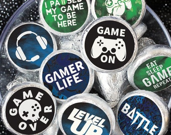 Video Game Birthday Party Favor Stickers, Gamer Labels for Chocolate Kisses Candy, Level Up Party Decorations, 180 Kids Birthday Stickers