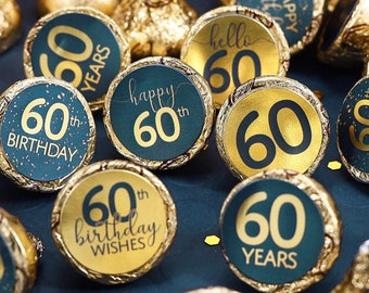 60th Birthday Label Stickers for Chocolate Kisses Candy | Navy Blue and Gold Birthday Party Favor | Happy 60th, 60 Years, Born in 1963