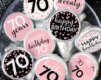 70th Birthday Label Stickers for Chocolate Kisses - Pink and Black Birthday Favors for Her - 180 Stickers- 70th Birthday Decorations & Ideas