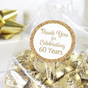 Thank You for Celebrating 60 Years Stickers – White and Gold 60th Birthday or Anniversary Favor Labels – Envelope Seals – 40 Count
