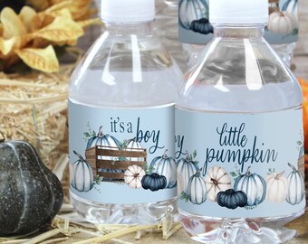 Blue Little Pumpkin Boy Baby Shower Water Bottle Labels, It's a Boy Fall Baby Waterproof Stickers, Thanksgiving Baby Shower - 20 Count