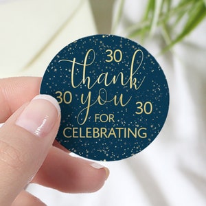 30th Birthday Party Favor Stickers - Navy Blue & Gold Foil, Thank You Round Favor Labels 40ct - Adult Birthday Decorations and Supplies