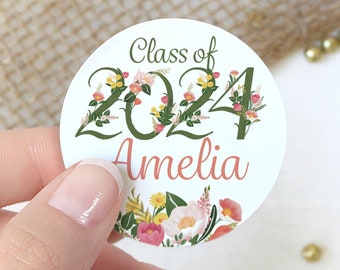 Personalized Floral Graduation Stickers | Name and Year | Grad Party Favor Label Envelope Seal | Class of 2024 Graduation Decorations