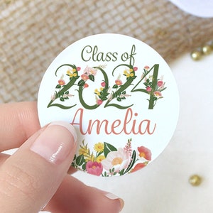 Personalized Floral Graduation Stickers | Name and Year | Grad Party Favor Label Envelope Seal | Class of 2024 Graduation Decorations